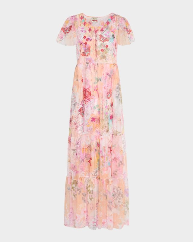 Valentina Tiered Floral-Print Tulle Maxi Dress